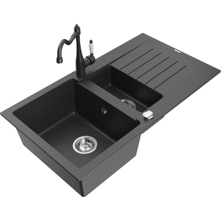 Mexen Matias granite sink 1.5-bowl with drainer and kitchen faucet Carla, black speckled - 6502-76-670700-76