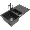 Mexen Matias granite sink 1.5-bowl with drainer and kitchen faucet Carla, black speckled - 6502-76-670700-76