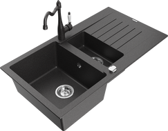 Mexen Matias granite sink 1.5-bowl with drainer and kitchen faucet Carla, black speckled - 6502-76-670700-76