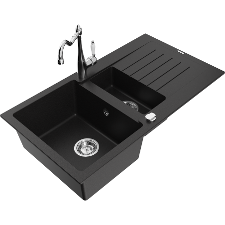 Mexen Matias 1.5-compartment granite sink with a drip tray and kitchen mixer tap Carla, Black - 6502-77-670700-00