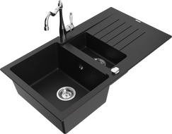Mexen Matias 1.5-compartment granite sink with a drip tray and kitchen mixer tap Carla, Black - 6502-77-670700-00
