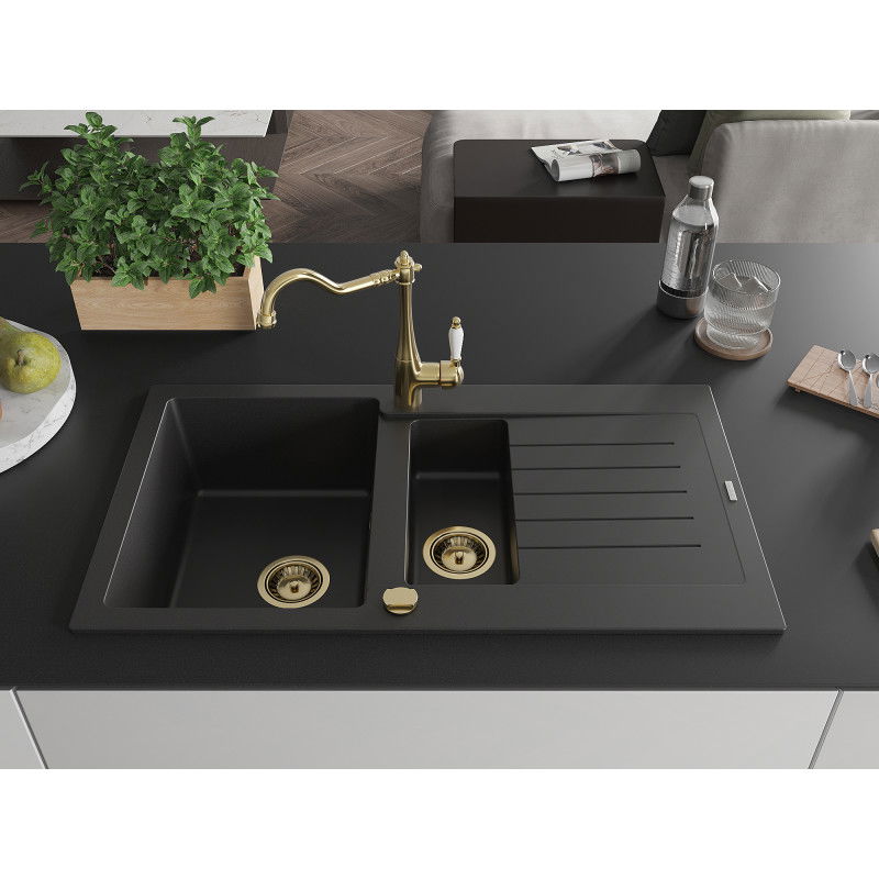Mexen Matias granite sink 1.5-bowl with drainer and Carla kitchen tap, black - 6502-77-670700-50