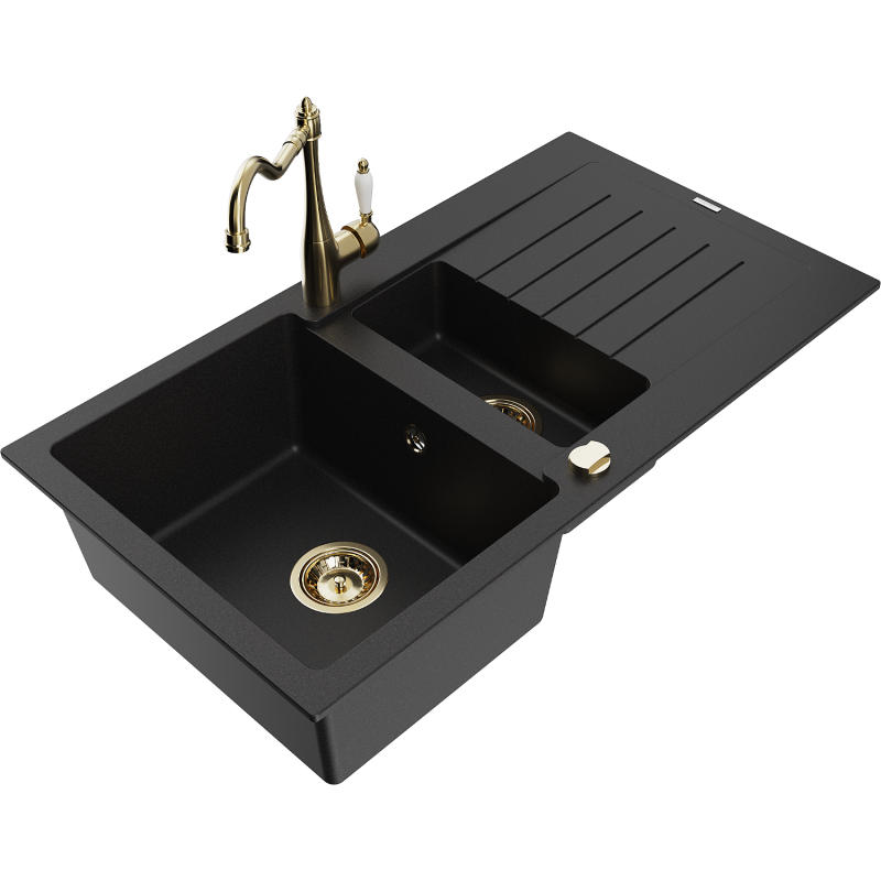 Mexen Matias 1.5-bowl granite sink with drainer and kitchen faucet Carla, black - 6502-77-670700-50