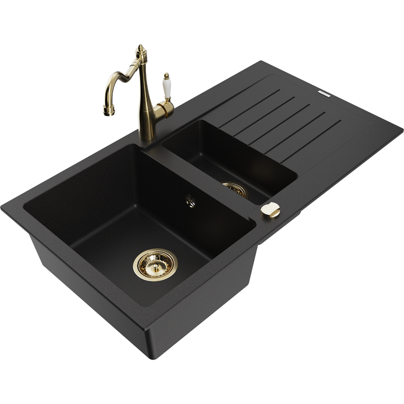 Mexen Matias granite sink 1.5-bowl with drainer and Carla kitchen tap, black - 6502-77-670700-50