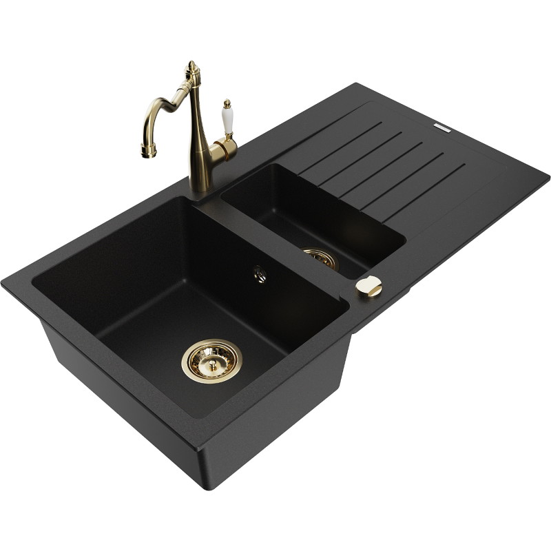 Mexen Matias granite sink 1.5-bowl with drainer and kitchen faucet Carla, black - 6502-77-670700-50