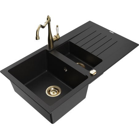 Mexen Matias granite sink 1.5-bowl with drainer and Carla kitchen tap, black - 6502-77-670700-50