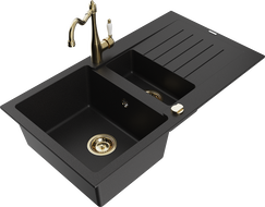 Mexen Matias 1.5-compartment granite sink with a drip tray and kitchen mixer tap Carla, Black - 6502-77-670700-50
