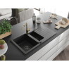Mexen Matias 1.5-bowl granite kitchen sink with drainer and Carla faucet, black - 6502-77-670700-50-B
