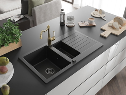 Mexen Matias granite sink 1.5-bowl with drainer and kitchen faucet Carla, black - 6502-77-670700-50-B