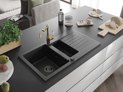 Mexen Matias 1.5-compartment granite sink with a drip tray and kitchen mixer tap Carla, Black - 6502-77-670700-50-B