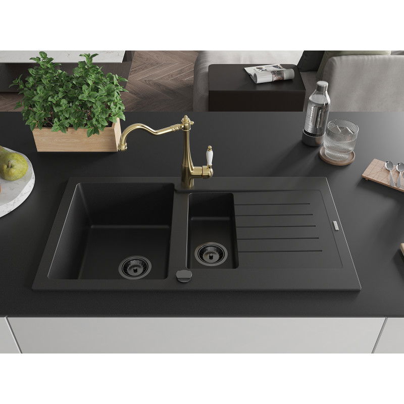 Mexen Matias granite sink 1.5-bowl with drainer and Carla kitchen tap, black - 6502-77-670700-50-B