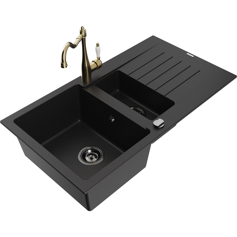 Mexen Matias 1.5-compartment granite sink with a drip tray and kitchen mixer tap Carla, Black - 6502-77-670700-50-B