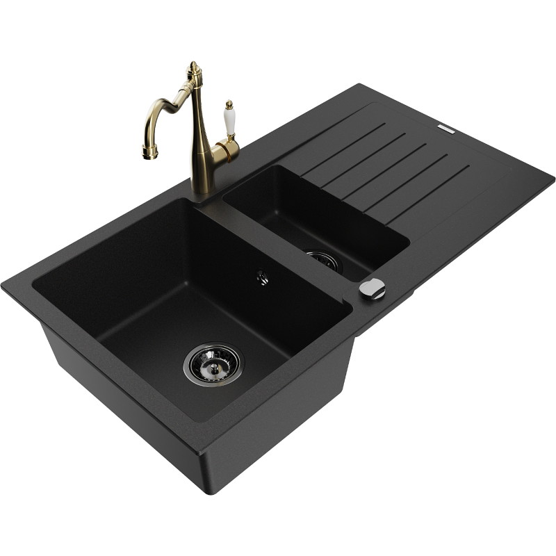 Mexen Matias granite sink 1.5-bowl with drainer and kitchen faucet Carla, black - 6502-77-670700-50-B