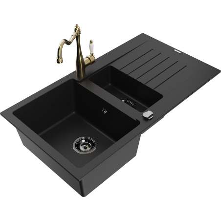 Mexen Matias 1.5-compartment granite sink with a drip tray and kitchen mixer tap Carla, Black - 6502-77-670700-50-B