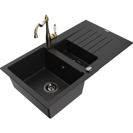Mexen Matias granite sink 1.5-bowl with drainer and Carla kitchen tap, black - 6502-77-670700-50-B