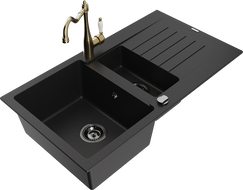 Mexen Matias 1.5-compartment granite sink with a drip tray and kitchen mixer tap Carla, Black - 6502-77-670700-50-B