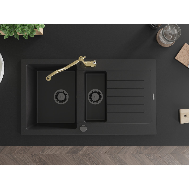 Mexen Matias 1.5-bowl granite kitchen sink with drainer and Carla faucet, black - 6502-77-670700-50-B