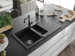Mexen Matias 1.5-bowl granite sink with drainer and Carla kitchen faucet, black - 6502-77-670700-70