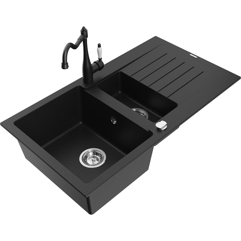 Mexen Matias 1.5-bowl granite sink with drainer and Carla kitchen faucet, black - 6502-77-670700-70
