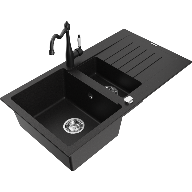 Mexen Matias granite sink 1.5-bowl with drainer and Carla kitchen tap, black - 6502-77-670700-70