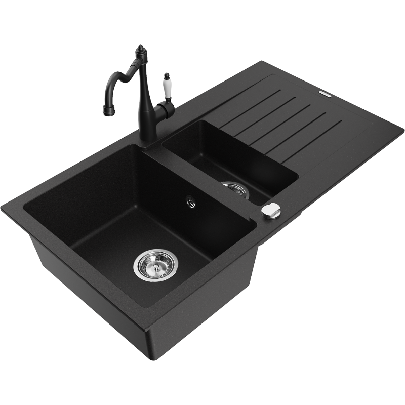 Mexen Matias granite sink 1.5-bowl with drainer and kitchen faucet Carla, black - 6502-77-670700-70