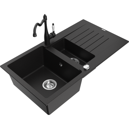 Mexen Matias 1.5-compartment granite sink with a drip tray and kitchen mixer tap Carla, Black - 6502-77-670700-70