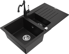 Mexen Matias 1.5-compartment granite sink with a drip tray and kitchen mixer tap Carla, Black - 6502-77-670700-70