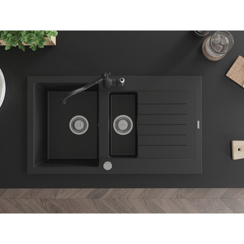 Mexen Matias granite sink 1.5-bowl with drainer and Carla kitchen tap, black - 6502-77-670700-70
