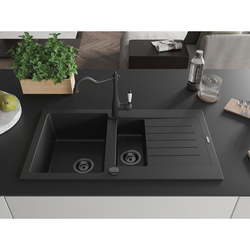 Mexen Matias 1.5-bowl granite sink with drainer and kitchen faucet Carla, black - 6502-77-670700-70-B