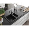Mexen Matias granite sink 1.5-bowl with drainer and Carla kitchen tap, black - 6502-77-670700-70-B