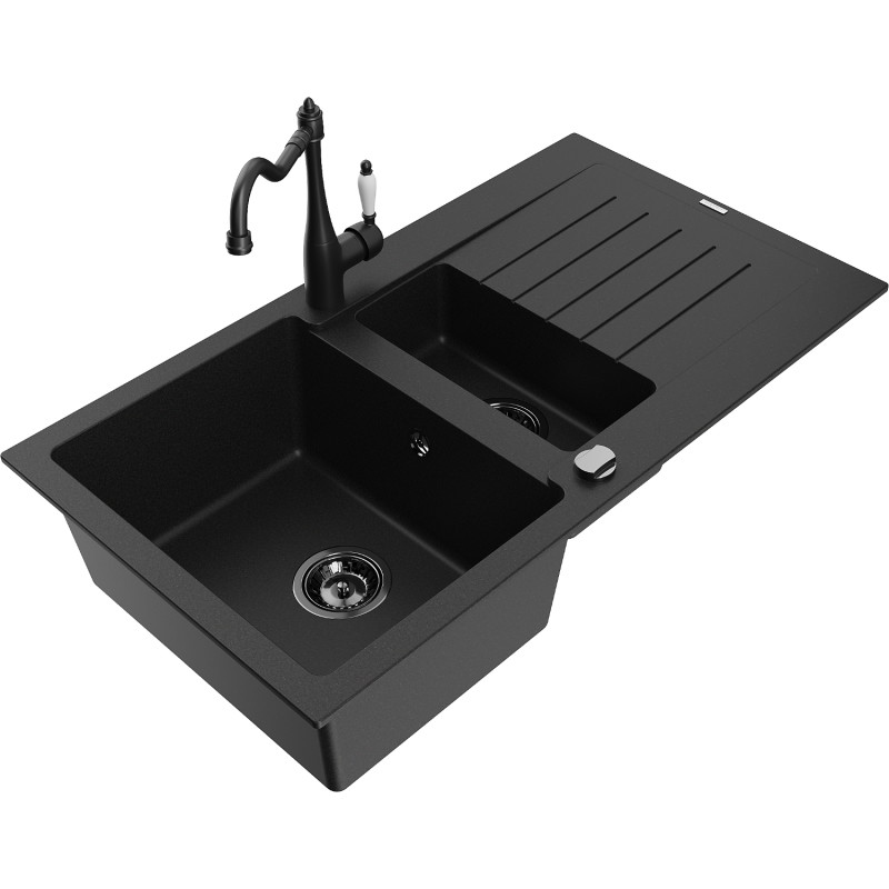 Mexen Matias granite sink 1.5-bowl with drainer and kitchen faucet Carla, black - 6502-77-670700-70-B