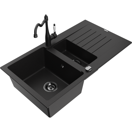 Mexen Matias 1.5-compartment granite sink with a drip tray and kitchen mixer tap Carla, Black - 6502-77-670700-70-B
