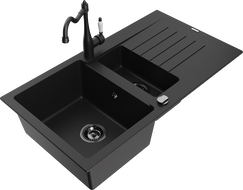 Mexen Matias 1.5-compartment granite sink with a drip tray and kitchen mixer tap Carla, Black - 6502-77-670700-70-B