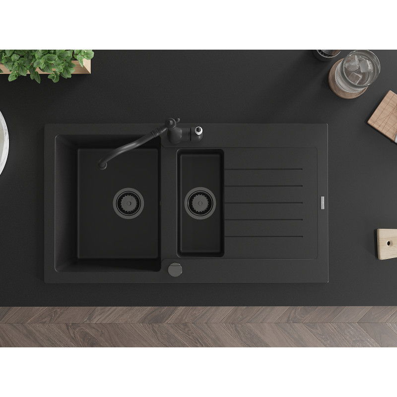 Mexen Matias granite sink 1.5-bowl with drainer and Carla kitchen tap, black - 6502-77-670700-70-B