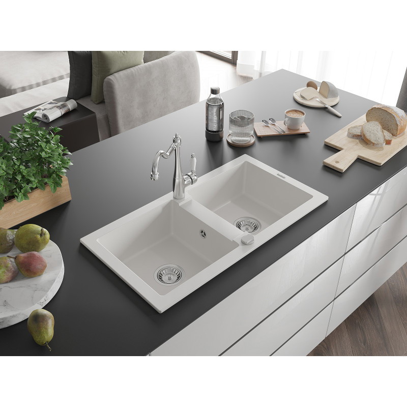 Mexen Mario granite double-bowl sink with kitchen faucet Carla, white - 6504-20-670700-00