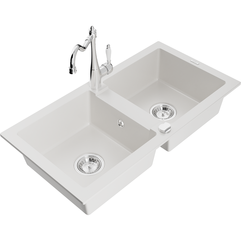 Mexen Mario 2-compartment granite sink with a kitchen mixer tap Carla, White - 6504-20-670700-00