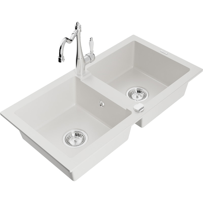 Mexen Mario 2-compartment granite sink with Carla kitchen faucet, white - 6504-20-670700-00