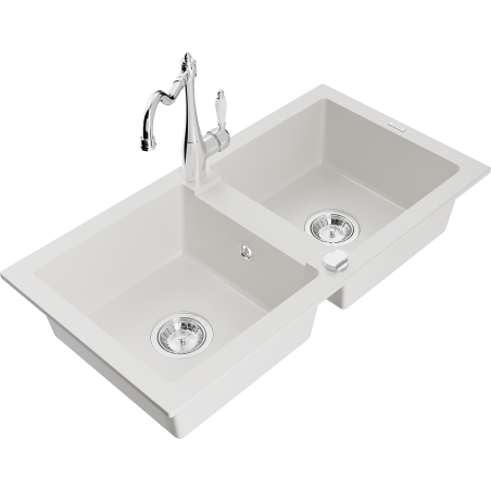 Mexen Mario 2-compartment granite sink with a kitchen mixer tap Carla, White - 6504-20-670700-00