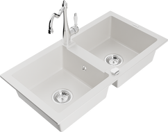 Mexen Mario granite sink 2-chamber with Carla kitchen tap, white - 6504-20-670700-00
