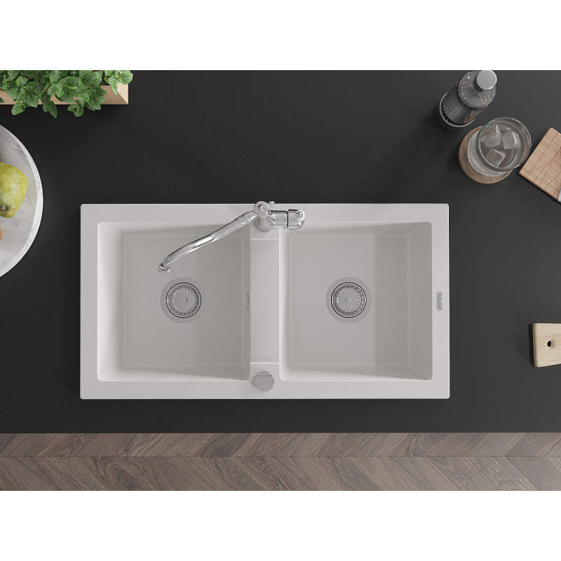 Mexen Mario granite double-bowl sink with kitchen faucet Carla, white - 6504-20-670700-00