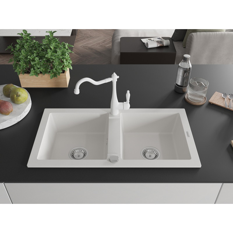 Mexen Mario granite double-bowl sink with Carla kitchen faucet, white - 6504-20-670700-20