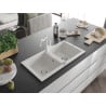 Mexen Mario granite kitchen sink with 2 bowls and Carla kitchen faucet, white - 6504-20-670700-20