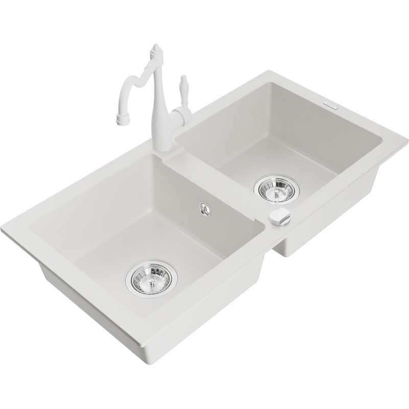 Mexen Mario granite double-bowl sink with Carla kitchen faucet, white - 6504-20-670700-20
