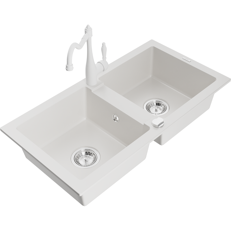 Mexen Mario granite kitchen sink with 2 bowls and Carla kitchen faucet, white - 6504-20-670700-20