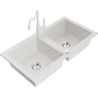 Mexen Mario 2-compartment granite sink with a kitchen mixer tap Carla, White - 6504-20-670700-20