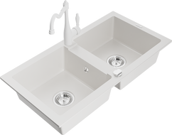 Mexen Mario granite double-bowl sink with Carla kitchen faucet, white - 6504-20-670700-20