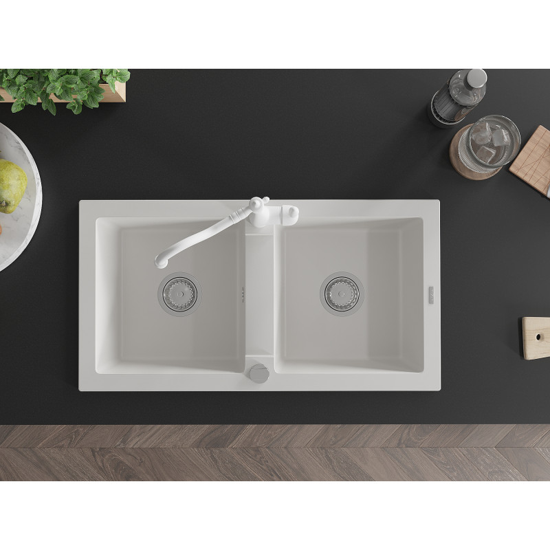 Mexen Mario 2-chamber granite sink with kitchen faucet Carla, white - 6504-20-670700-20