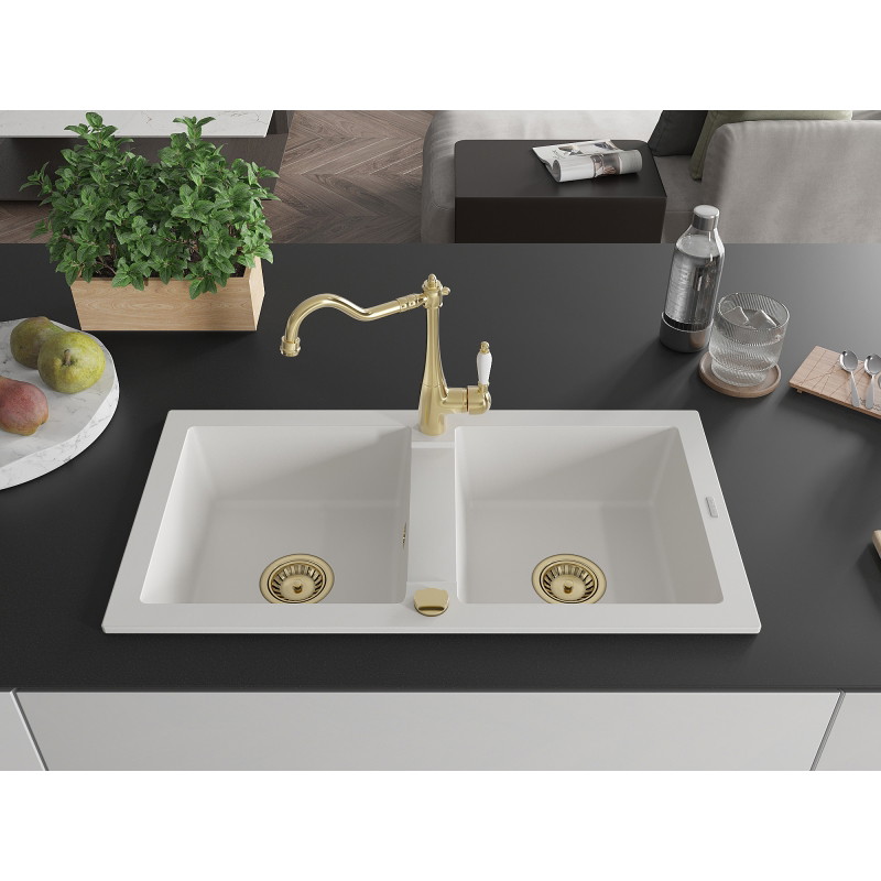 Mexen Mario granite kitchen sink 2-bowl with kitchen faucet Carla, white - 6504-20-670700-50