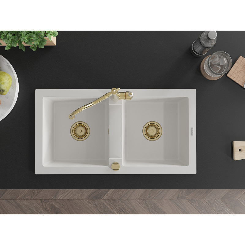 Mexen Mario 2-bowl granite sink with Carla kitchen faucet, white - 6504-20-670700-50