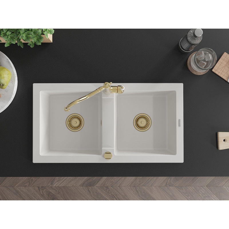 Mexen Mario granite sink 2-bowl with Carla kitchen tap, white - 6504-20-670700-50